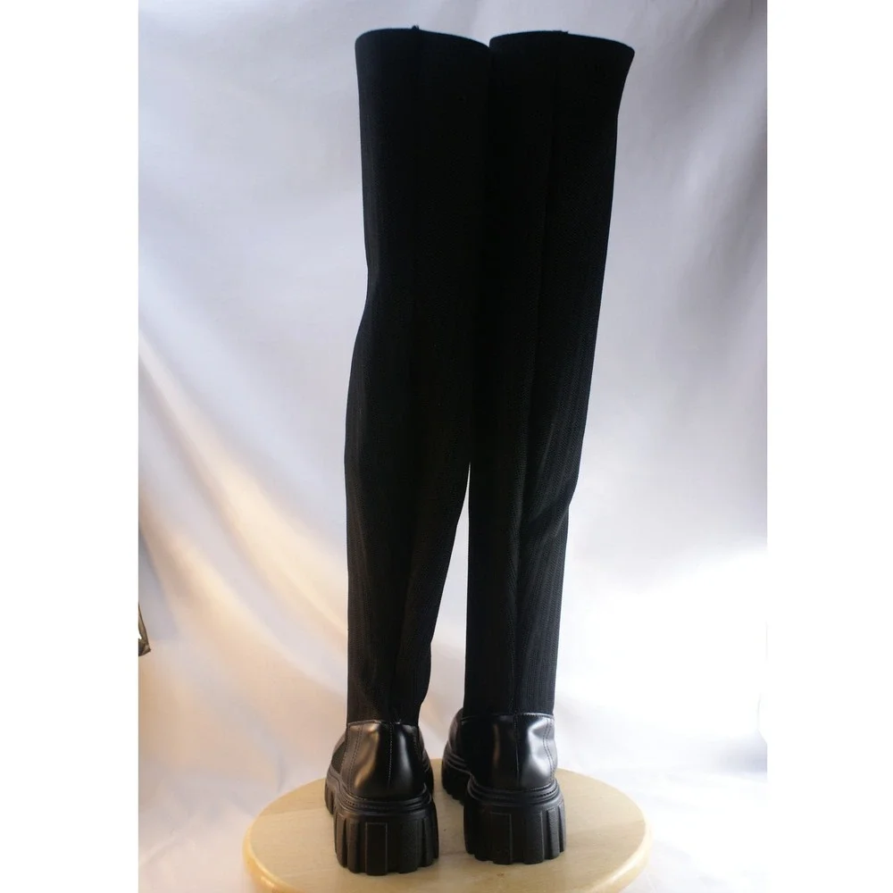 Cincoo Womens Black Ribbed Knit Over The Knee Lug Sole Platform Boots Size 6.5